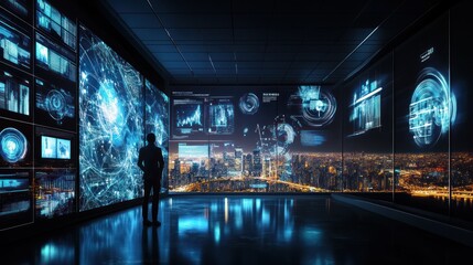Man Observing Data in a Futuristic Control Room