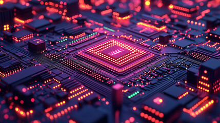 Exploration of a vibrant computer circuit board highlighting intricate circuitry and glowing components at night. Generative AI