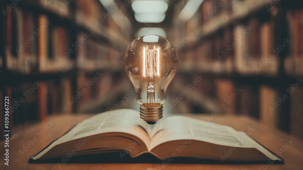 Poster a light bulb sits atop an open book in a library, symbolizing the power of knowledge and inspiration