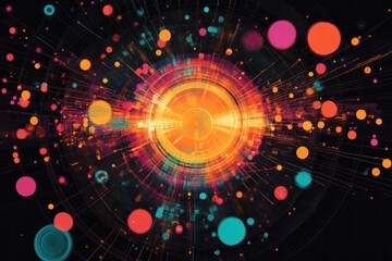 Obraz premium Abstract colorful glowing circles and lines exploding from a central point on a black background.