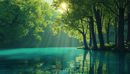 Fototapeta premium Sunbeams pierce through the canopy of trees, illuminating a tranquil lake in a lush forest.