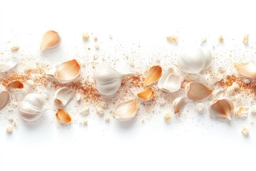 Fototapeta premium A line of garlic cloves, peels, and garlic powder on a white background.