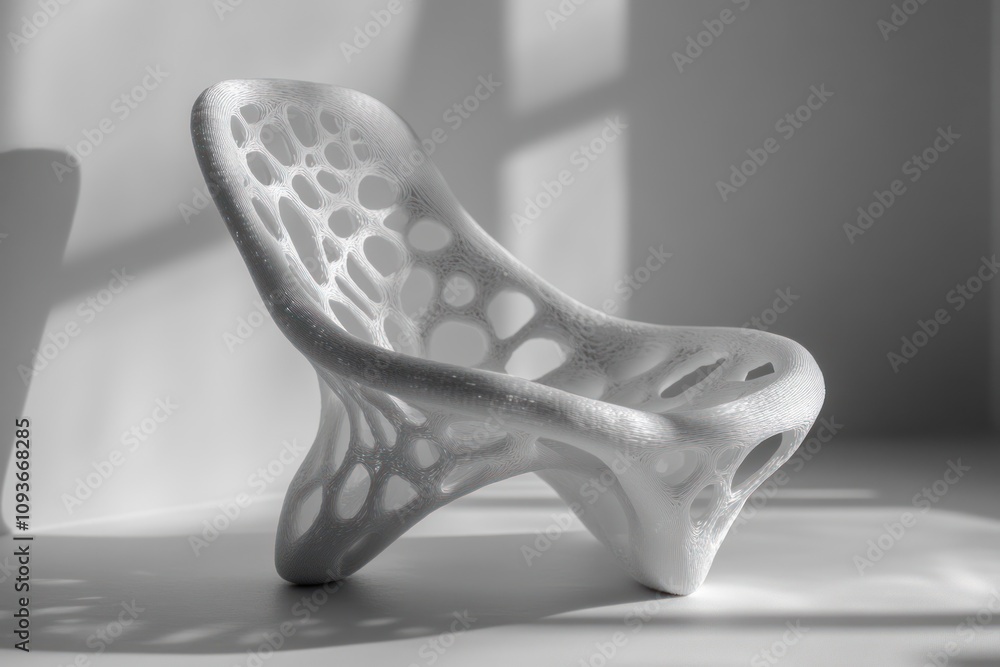 Aufkleber a white, 3d printed chair with a unique, organic shape. it has a web-like design and is sitting on a