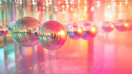 A conceptual art installation with hanging mirrored spheres reflecting a colorful space.