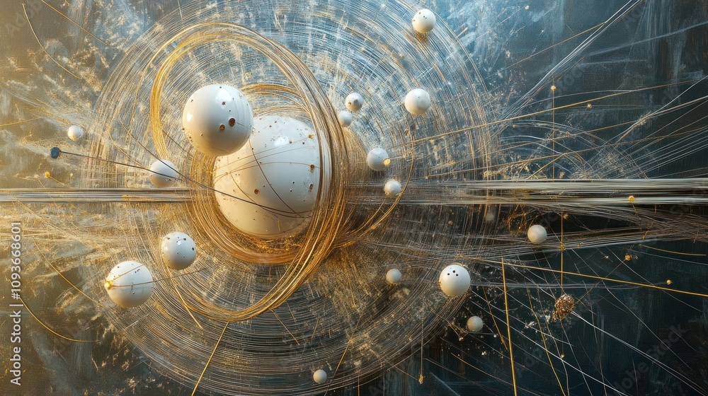 Poster abstract 3d rendering of a swirling galaxy with white spheres and golden lines.