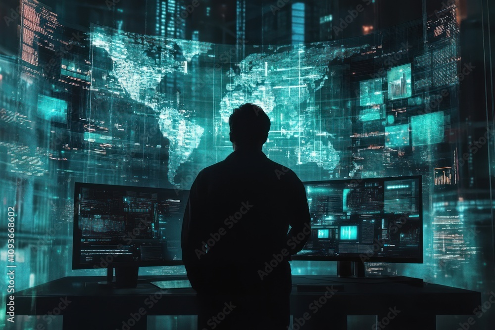 Poster A hacker stands in front of multiple computer screens displaying code and a digital map of the world.