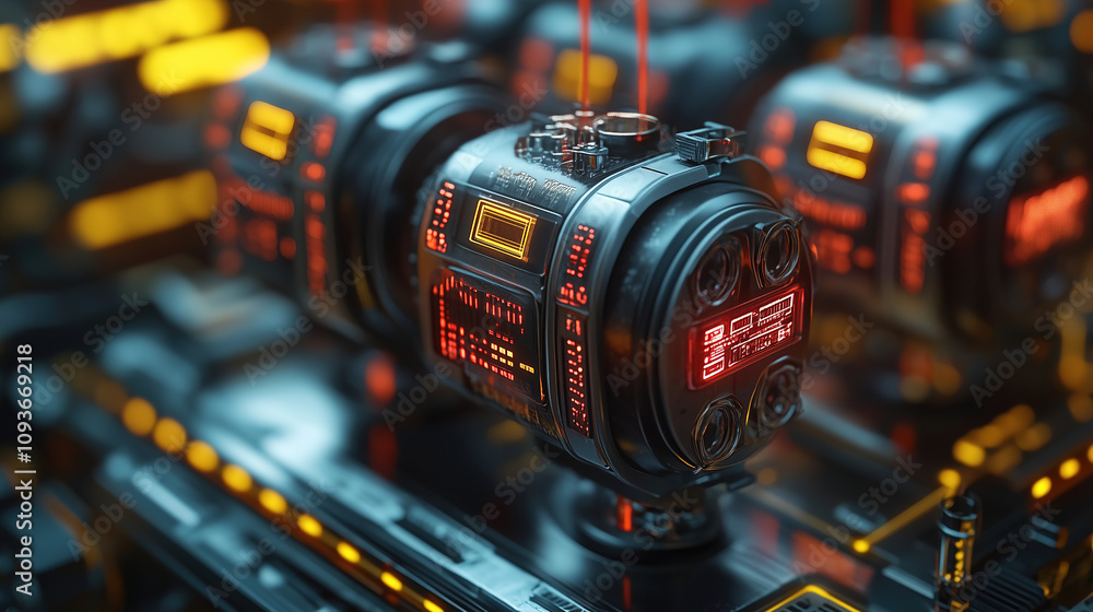 Poster detailed view of futuristic technology showcasing glowing devices in a high-tech lab environment. ge