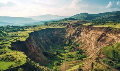 A large mining pit with exposed layers of earth surrounded by a green landscape