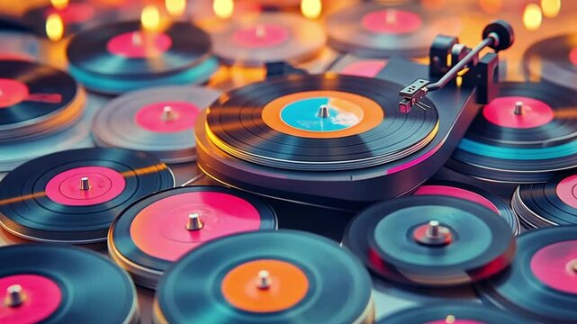 A vintage record player sits on a stack of colorful vinyl records.