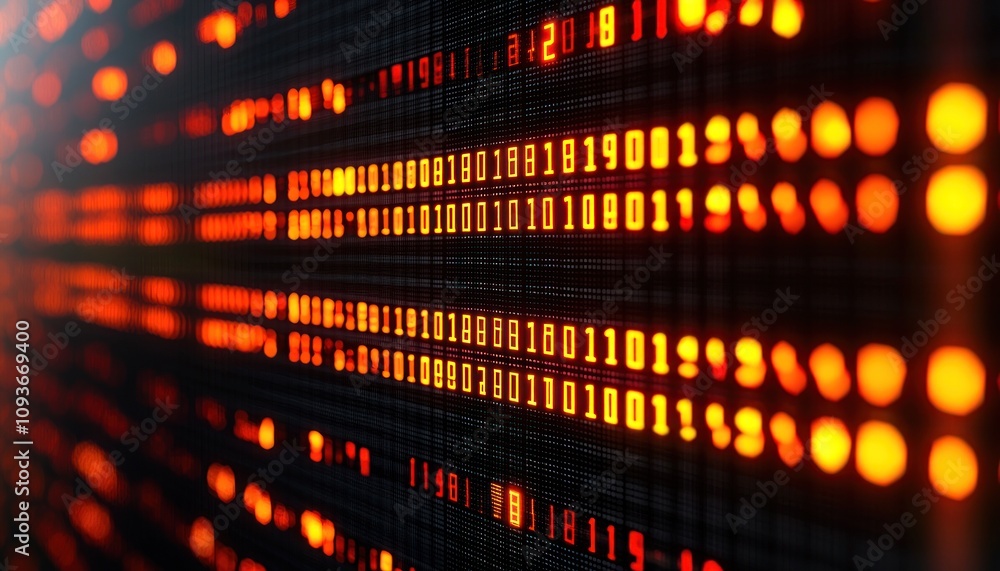 Poster Binary Code Display with Red and Orange Luminous Digits