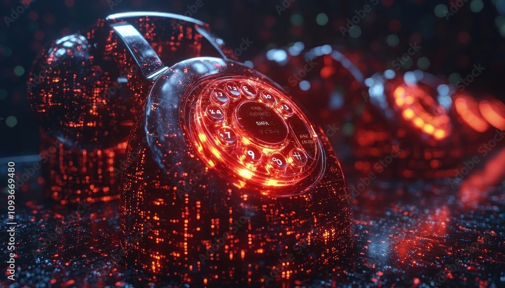 Poster a glowing red rotary phone with numbers and symbols on a glittering surface