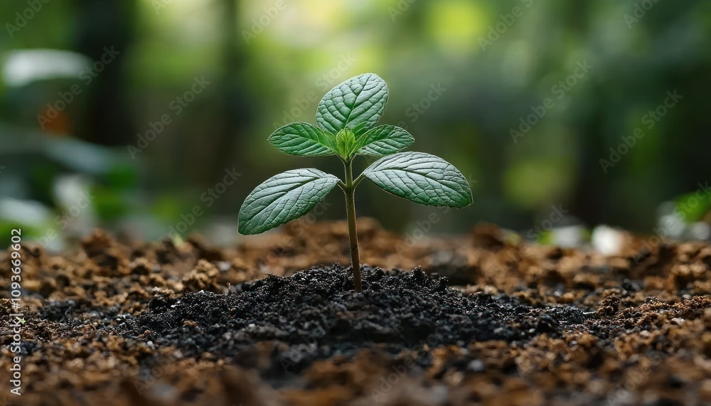 Poster a single green sprout emerging from dark soil