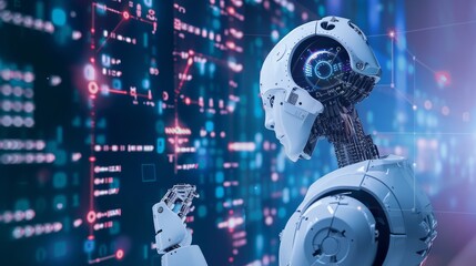 Obraz premium Futuristic 3D Concept: Big Data Center Chief Technology Officer Using Laptop Standing In Warehouse, Information Digitalization Lines Streaming Through Servers. SAAS, Cloud Computing, Online Service