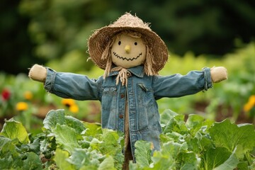 A friendly scarecrow with a straw hat and denim outfit protects a colorful vegetable garden from birds. Its arms are spread wide, ensuring safety. Generative AI