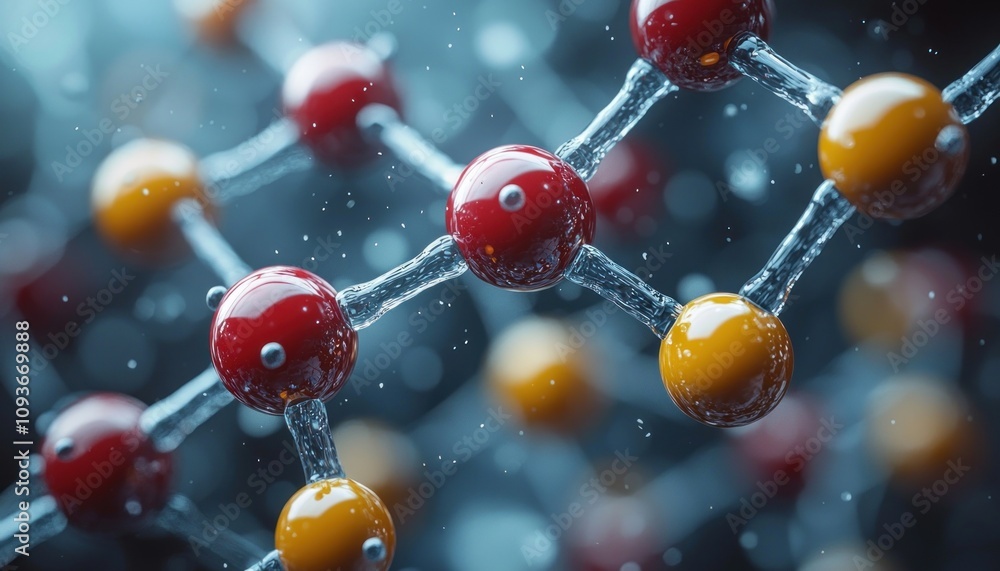 Poster close-up of a molecular structure with red and yellow spheres connected by liquid bonds
