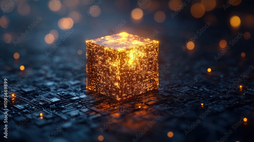 Poster Glowing Cube on a Circuit Board