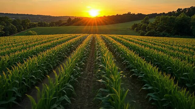 Vast rows of green corn plants grow in a sunlit field, generative ai