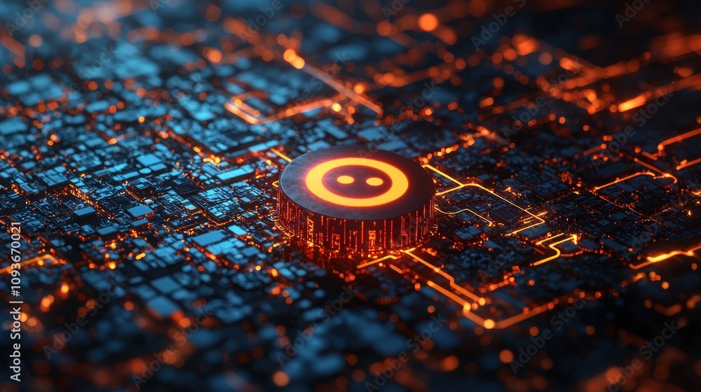 Poster Glowing Circular Symbol on an Abstract Circuit Board