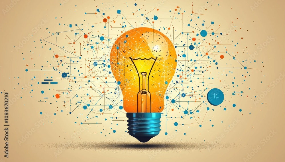 Poster Illuminated Lightbulb Connected by a Network of Lines and Dots