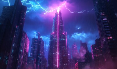 Obraz premium A bright lightning bolt strikes the sky above a glowing skyscraper at night