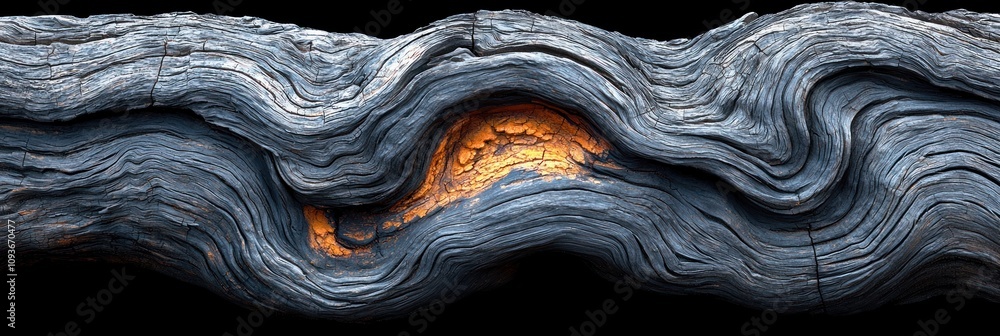 Poster close-up of a wavy, charcoal-colored tree trunk with a patch of orange bark