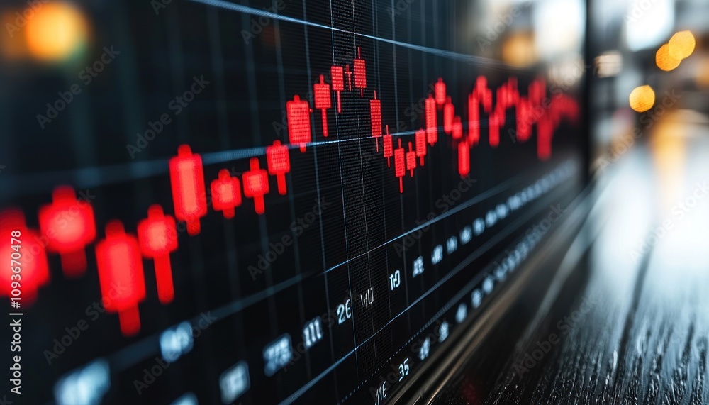 Poster Red Candlestick Chart on Black Screen Displaying Stock Market Data
