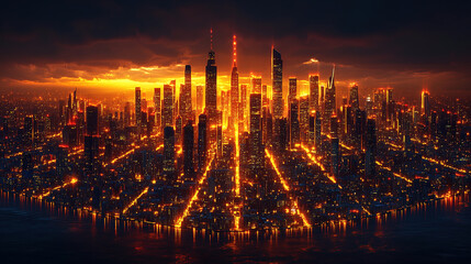 Obraz premium Dramatic sunset over a futuristic city skyline with illuminated buildings and vibrant colors reflecting in the sky. Generative AI