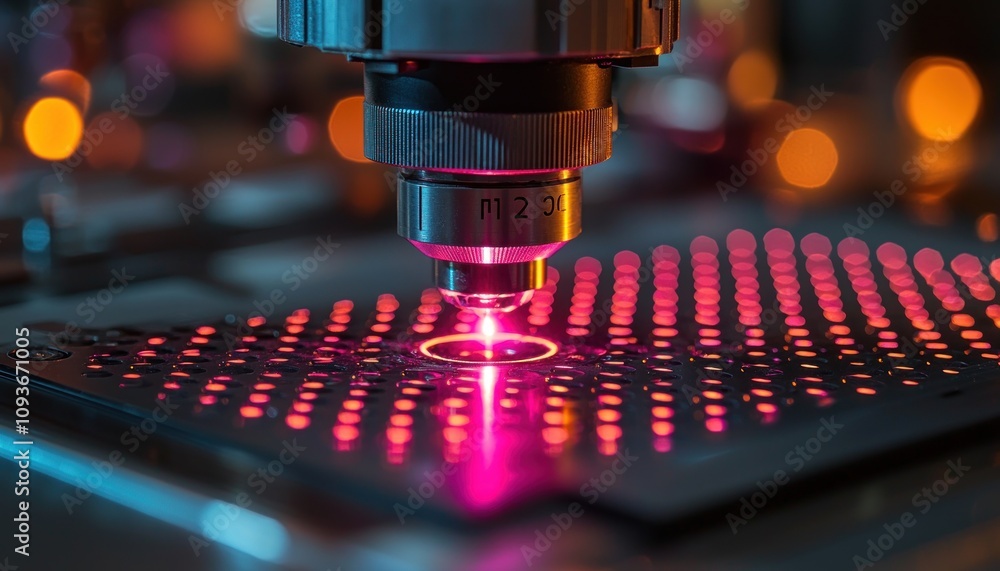 Poster close-up of a microscope lens focused on a grid of red lights