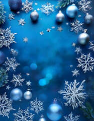 winter scene features blue background snowy snowflakes christmas ornaments surrounding festive holiday decorations