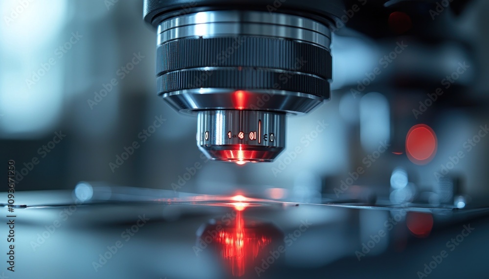Poster close-up of a microscope lens with red light reflection