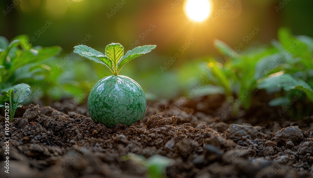 Poster a green seedling emerging from the soil with a bright sun in the background