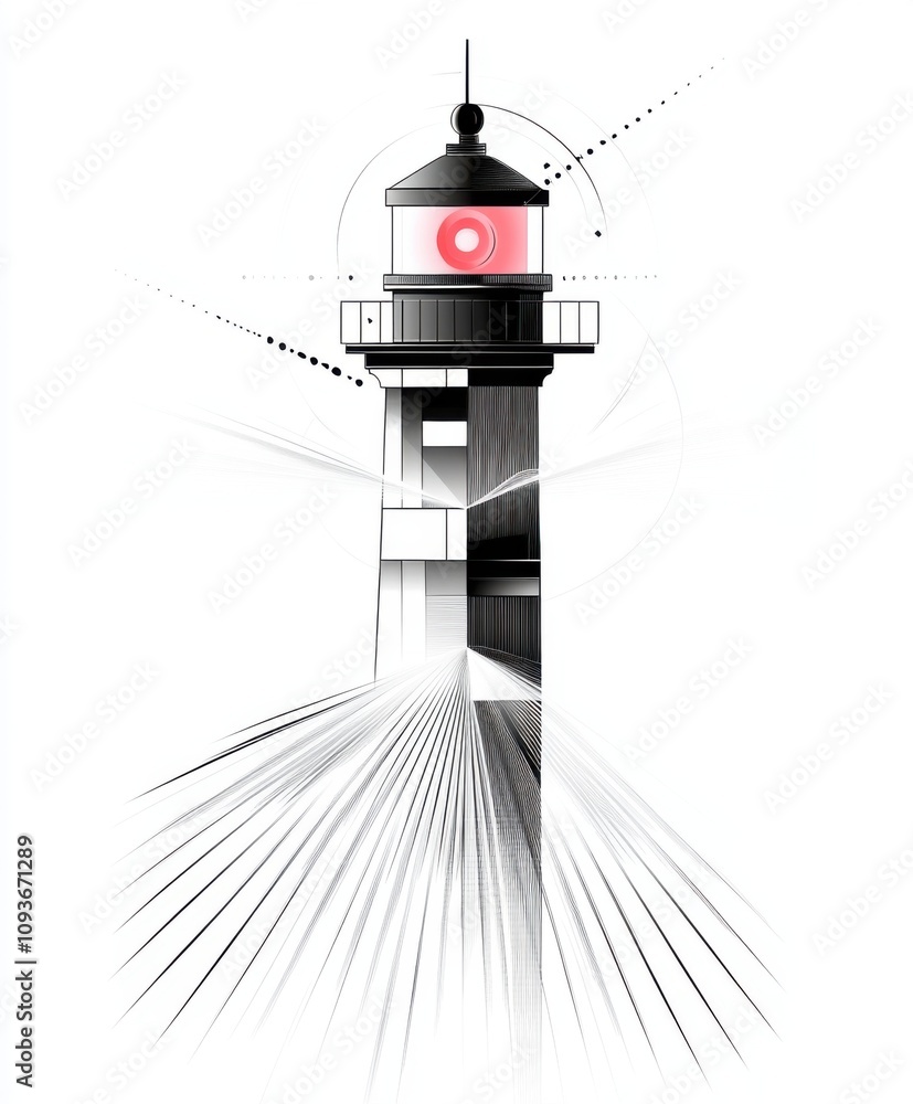 Poster futuristic lighthouse illustration with geometric patterns and abstract elements