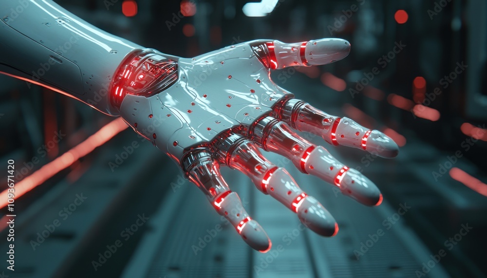Poster close-up of a glowing robotic hand with red lights