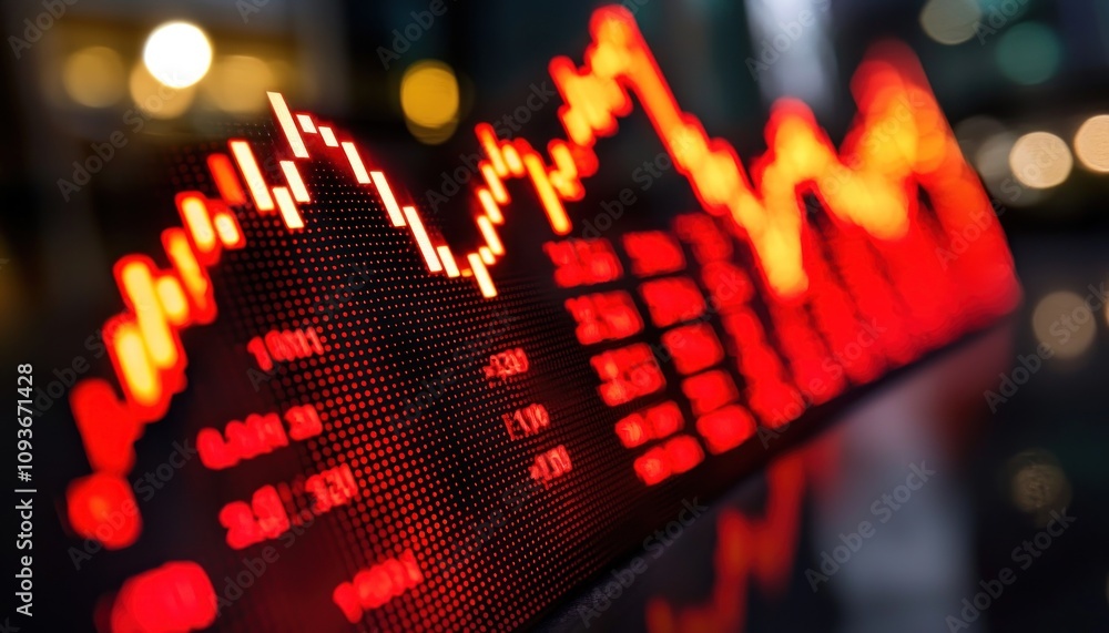 Poster red led display showing a stock market trend chart