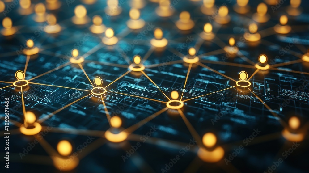Leinwandbilder A Network of Illuminated Nodes Connected by Lines on a Blue Background