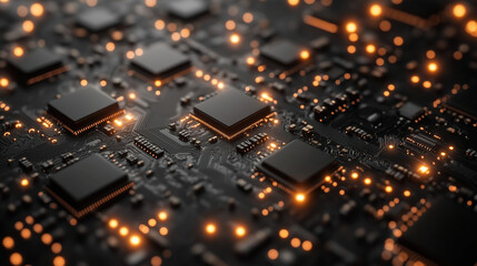 Close-up view of a circuit board with glowing lights and microchips at night. Generative AI
