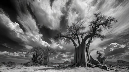 The timeless beauty of the Savannah is captured in a scene of ancient baobab trees standing sentinel under a sky streaked with dramatic clouds, a true symbol of endurance.