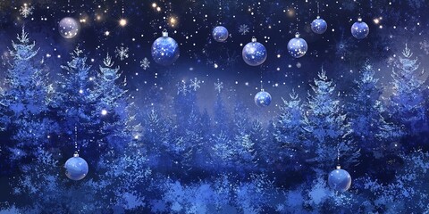 A winter forest with a deep midnight blue and black gradient sky
