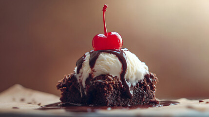 A decadent brownie sundae topped with vanilla ice cream hot fudge and a cherry.