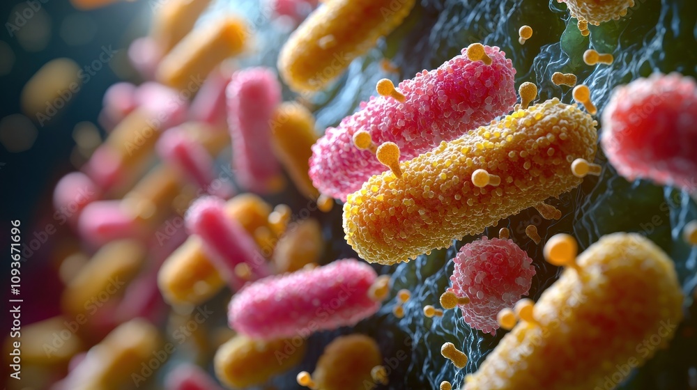 Poster a close-up view of bacteria in a liquid environment