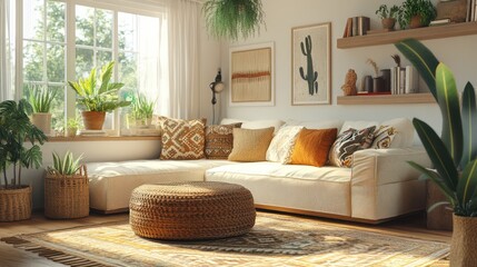 A boho-inspired living room with patterned cushions is captured in this cozy, inviting image. the photographer balances the overall decor with attention to texture and design, creating a warm
