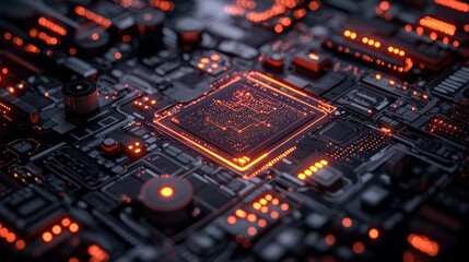 Obraz premium Close-up of a glowing computer chip circuit board