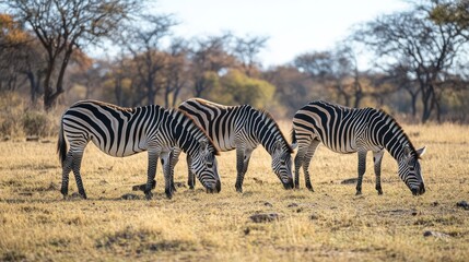 Obraz premium Zebras graze peacefully in the heart of the Savannah, their iconic black-and-white stripes creating a striking visual against the warm amber hues of the plains.