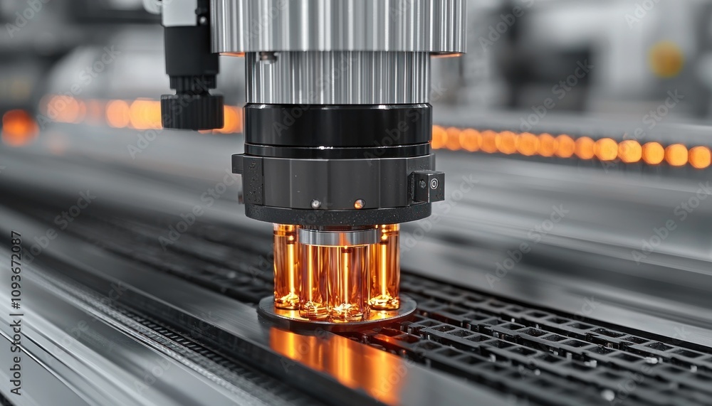Poster automated filling machine with glass vials on conveyor belt