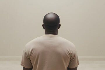 Back view of a depressed Black male drinker sitting in a therapy session, holding a glass and engaging in conversation, symbolising seeking help and emotional healing