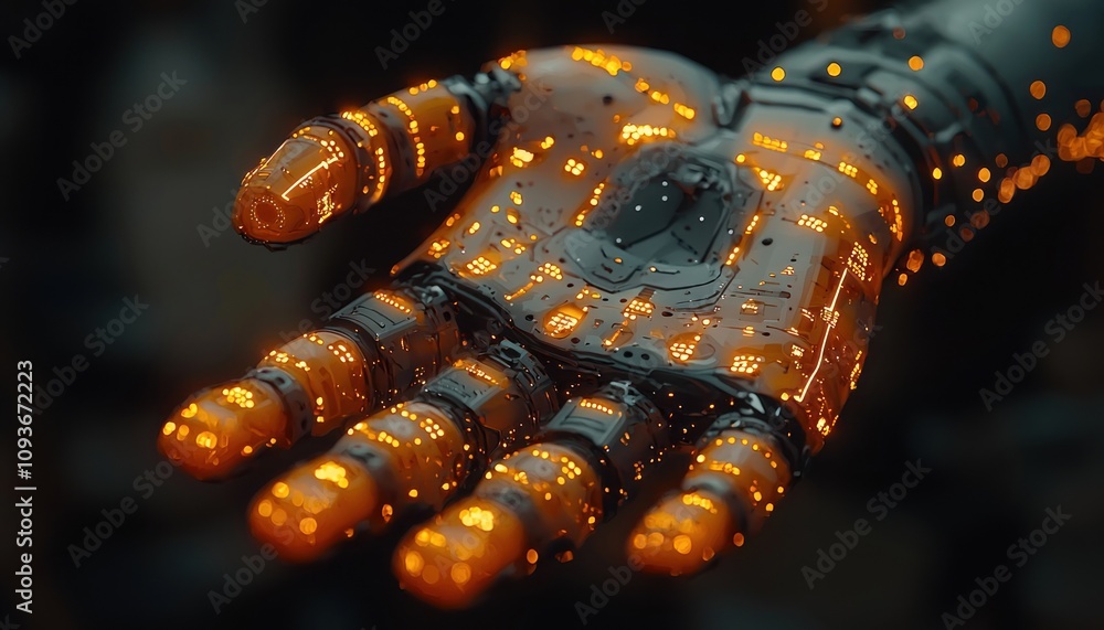 Poster glowing robotic hand with intricate circuits and orange lights