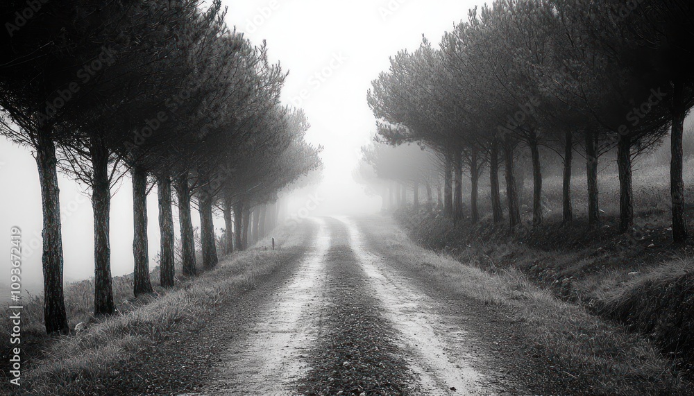 Poster foggy forest path leading into the distance