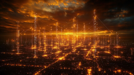 Stunning sunset over a futuristic city skyline with shimmering lights and glowing buildings. Generative AI