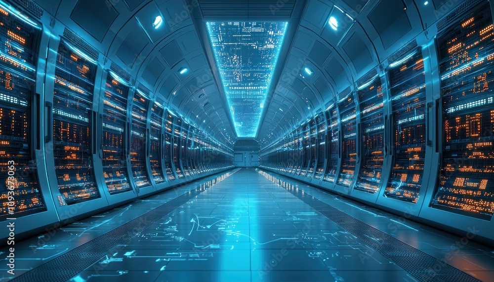 Poster futuristic server room corridor with illuminated displays