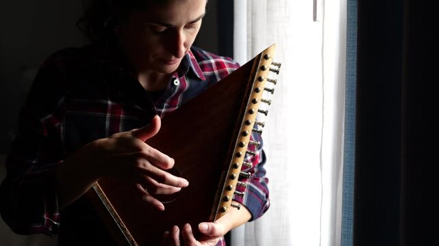 Woman paying Zither at home near to window